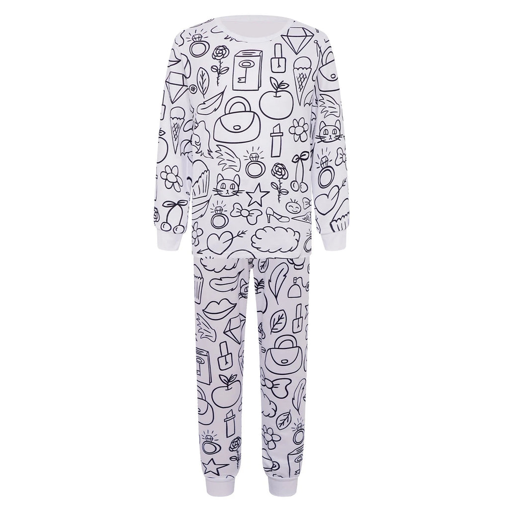 Kids Pajama Sets Hand-Painted Long Sleeve Top Elastic Waist Pants Home Sleepwear