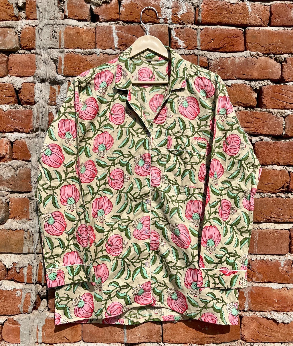 Indian Cotton Beige Floral PJ Set Bridesmaid Pajama Set Women Nightwear Suit US