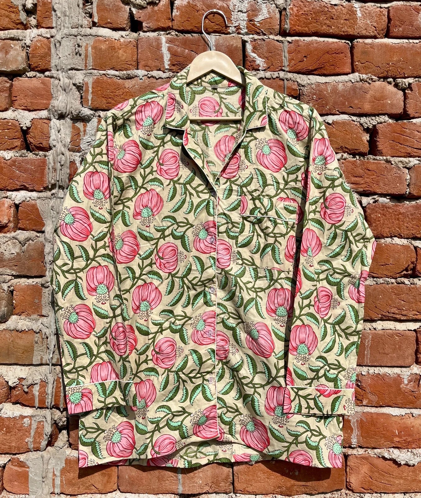 Indian Cotton Beige Floral PJ Set Bridesmaid Pajama Set Women Nightwear Suit US