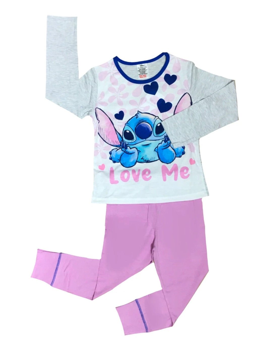 Girls Lilo & Stitch Pyjamas PJs 4-13 Years Purple Grey Pink Long Sleeved Trouser
