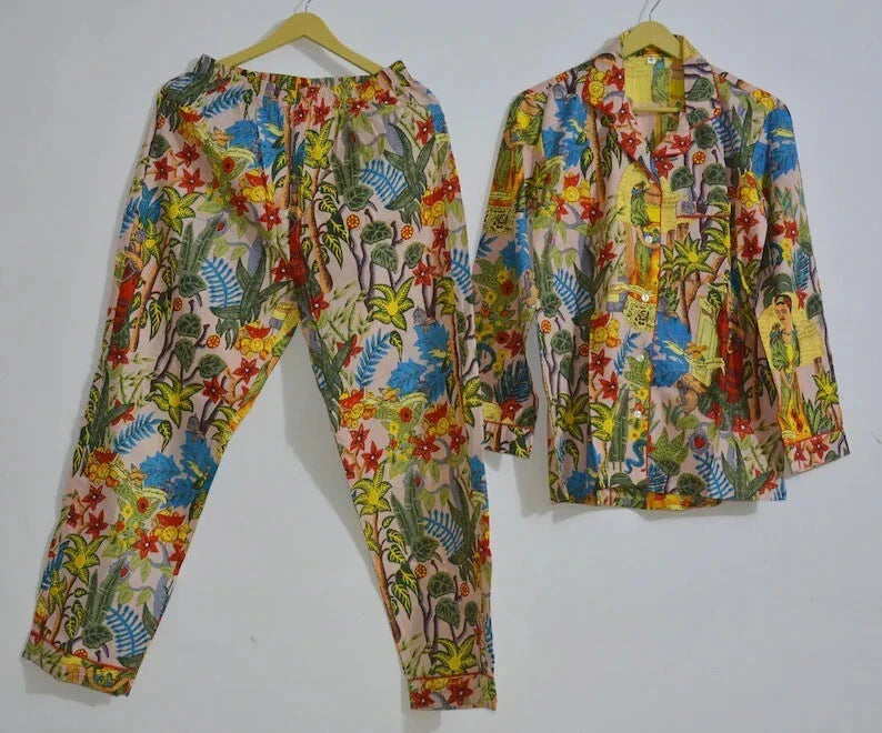 Women's Cotton Pj Set Baby Pink Frida Tree Palazzo Set Pyjamas Nightie Sleepwear