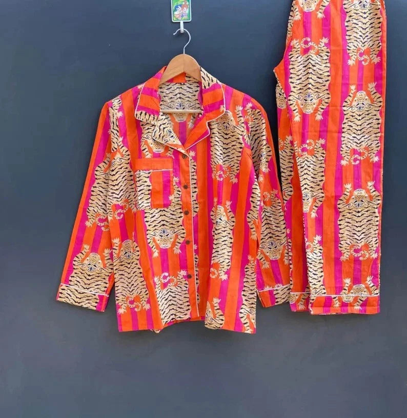 Indian Pink Tiger Striped Print Cotton Pajama Set Bridesmaid PJ Set Loose Cloths