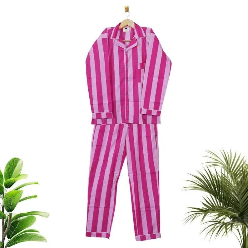 Indian Cotton Striped Print PJ Set Bridesmaid Pajama Set Women Nightwear Suit