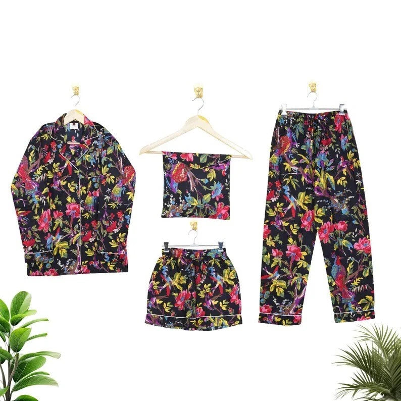 Indian Cotton Black Birds PJ Set Bridesmaid Pajama Set Women Nightwear Suits US
