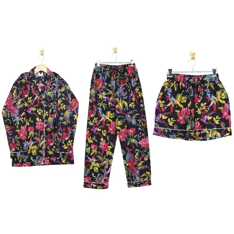 Indian Cotton Black Birds PJ Set Bridesmaid Pajama Set Women Nightwear Suits US