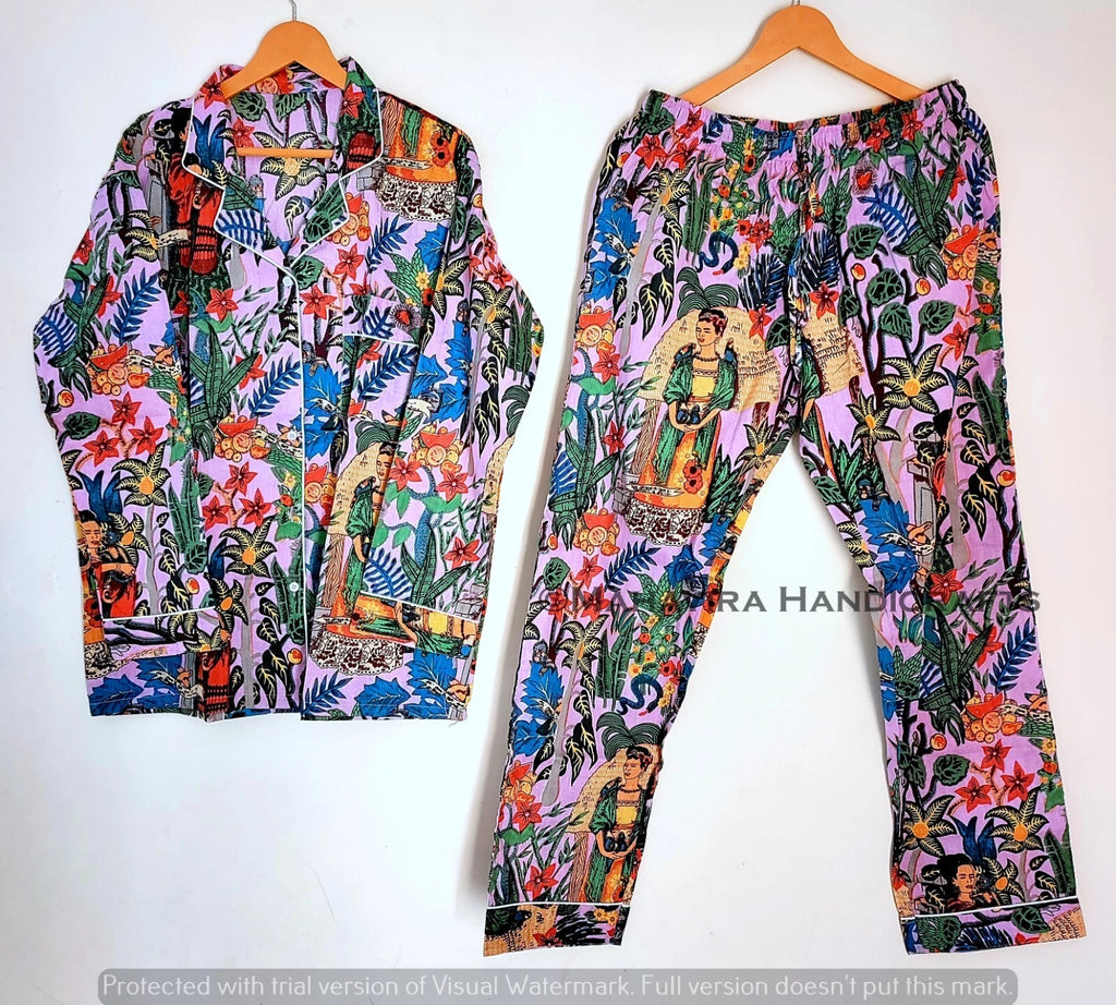 Indian Floral Print Cotton Baby pink hippie Sleepwear Bohemian Women Pajama set