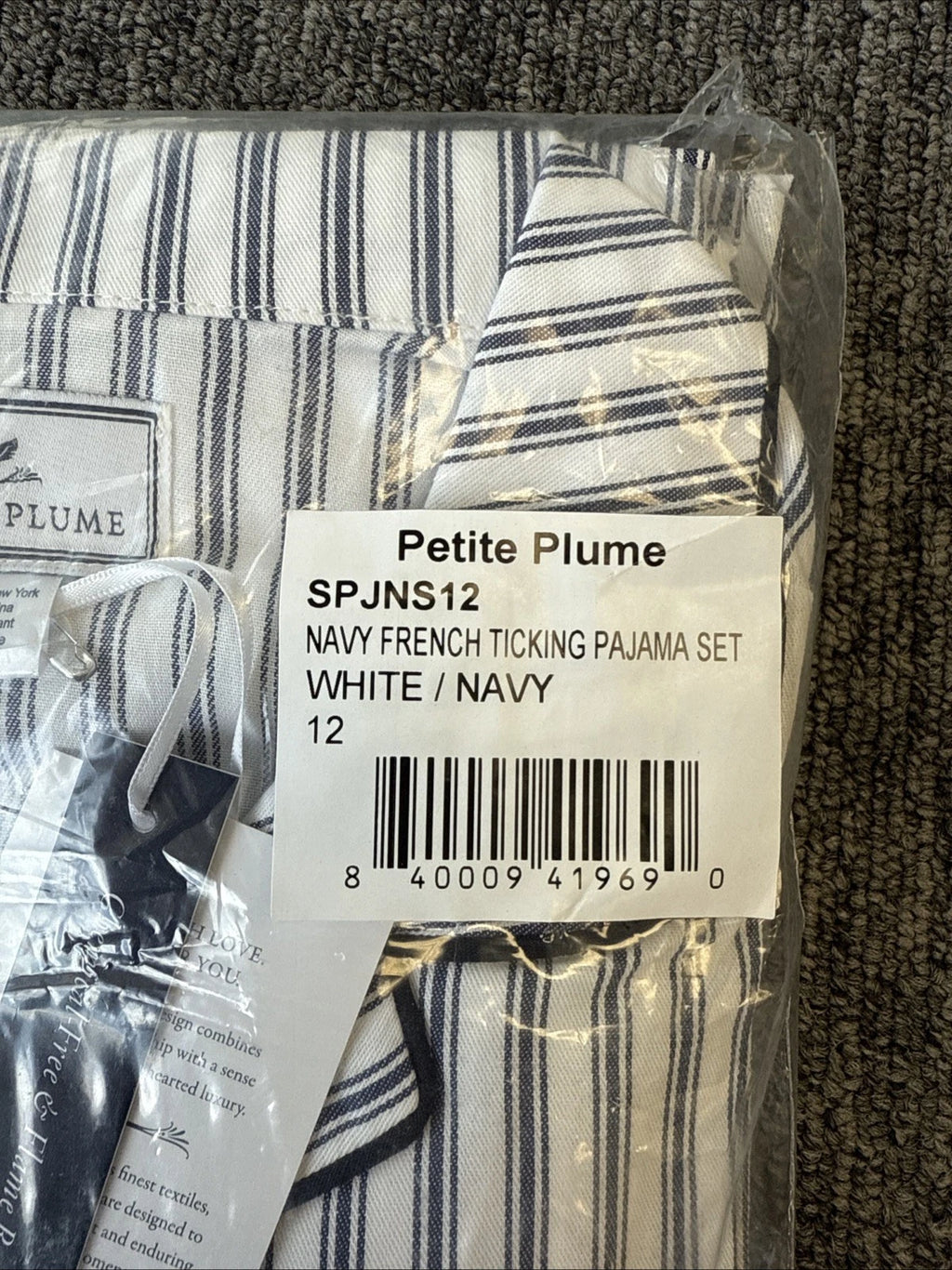 Petite Plume Kid's Twill Pajama Set in Navy French Ticking NWT MSRP $58 Sz 12