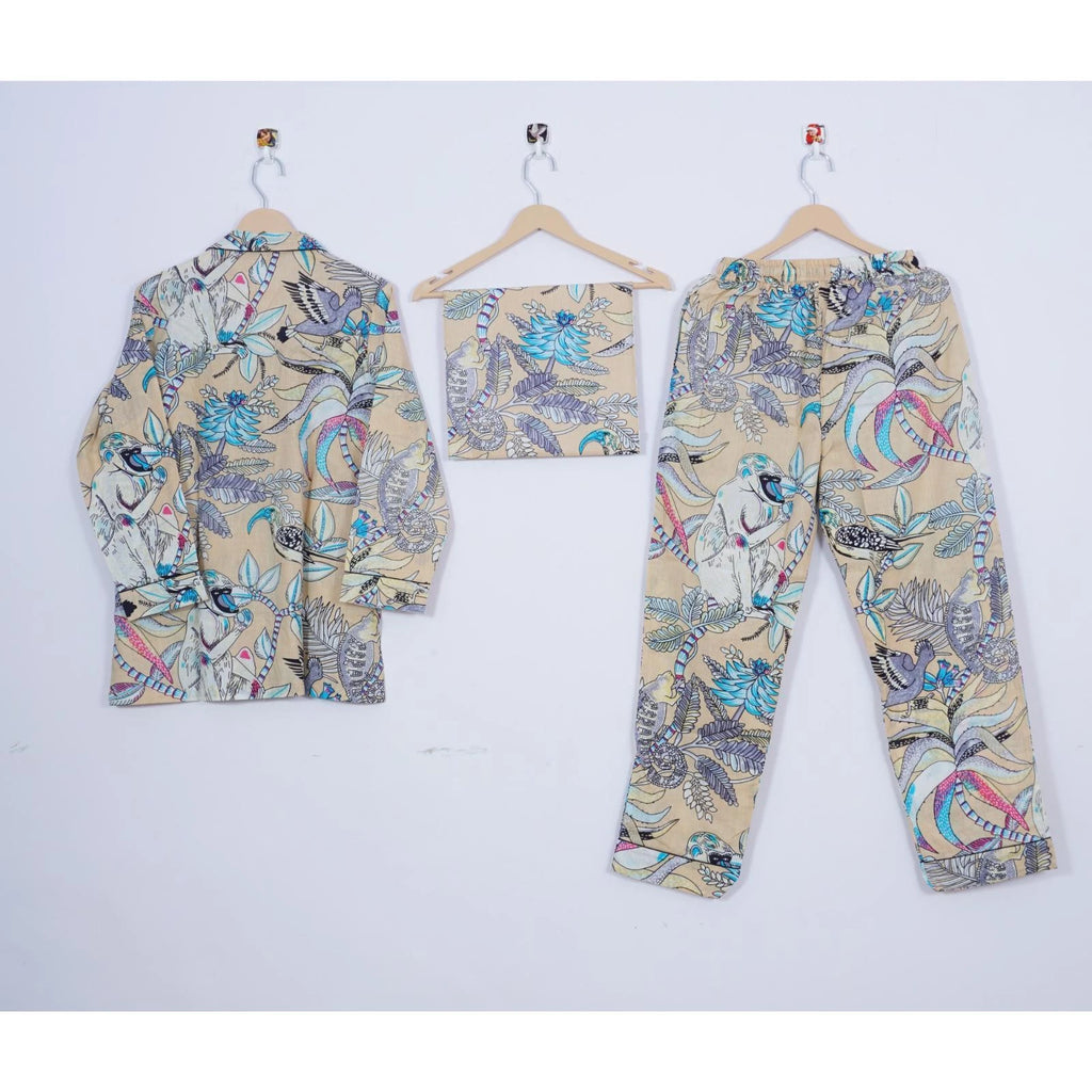 Indian Cotton Pajama Set Hand Block Monkey Print Women Yoga Wear Dress ITW-54