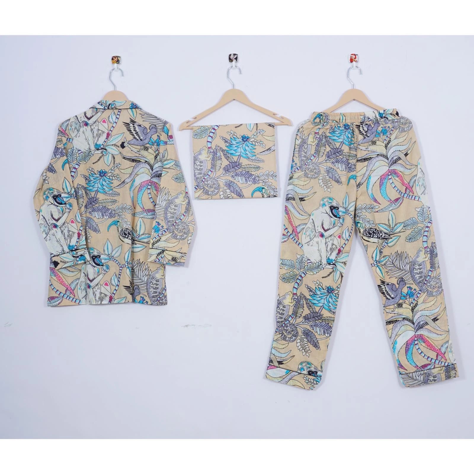 Indian Cotton Pajama Set Hand Block Monkey Print Women Yoga Wear Dress ITW-54