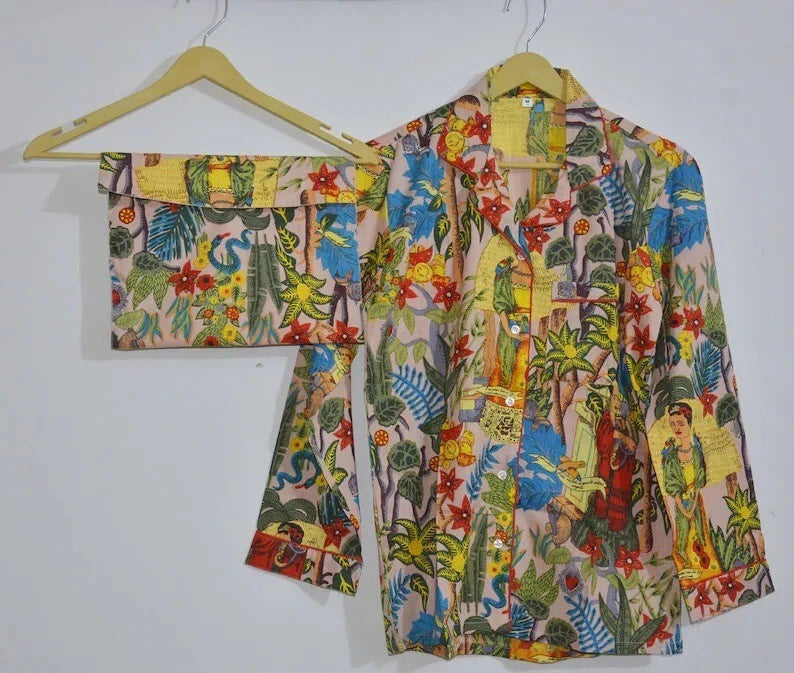 Women's Cotton Pj Set Baby Pink Frida Tree Palazzo Set Pyjamas Nightie Sleepwear