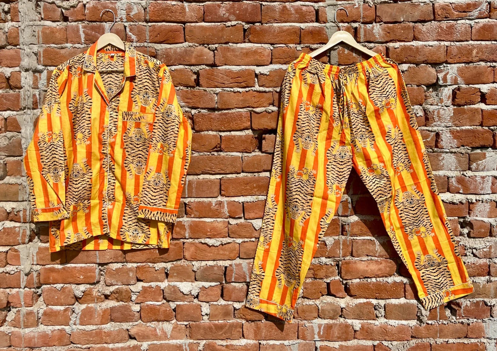 Indian Cotton Yellow Tiger PJ Set Bridesmaid Pajama Set Women Nightwear Suit US