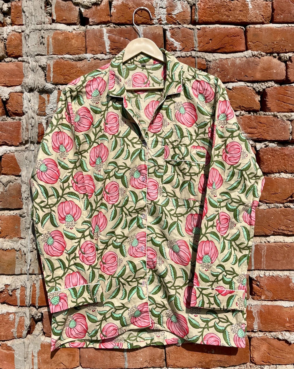 Indian Cotton Beige Floral PJ Set Bridesmaid Pajama Set Women Nightwear Suit US