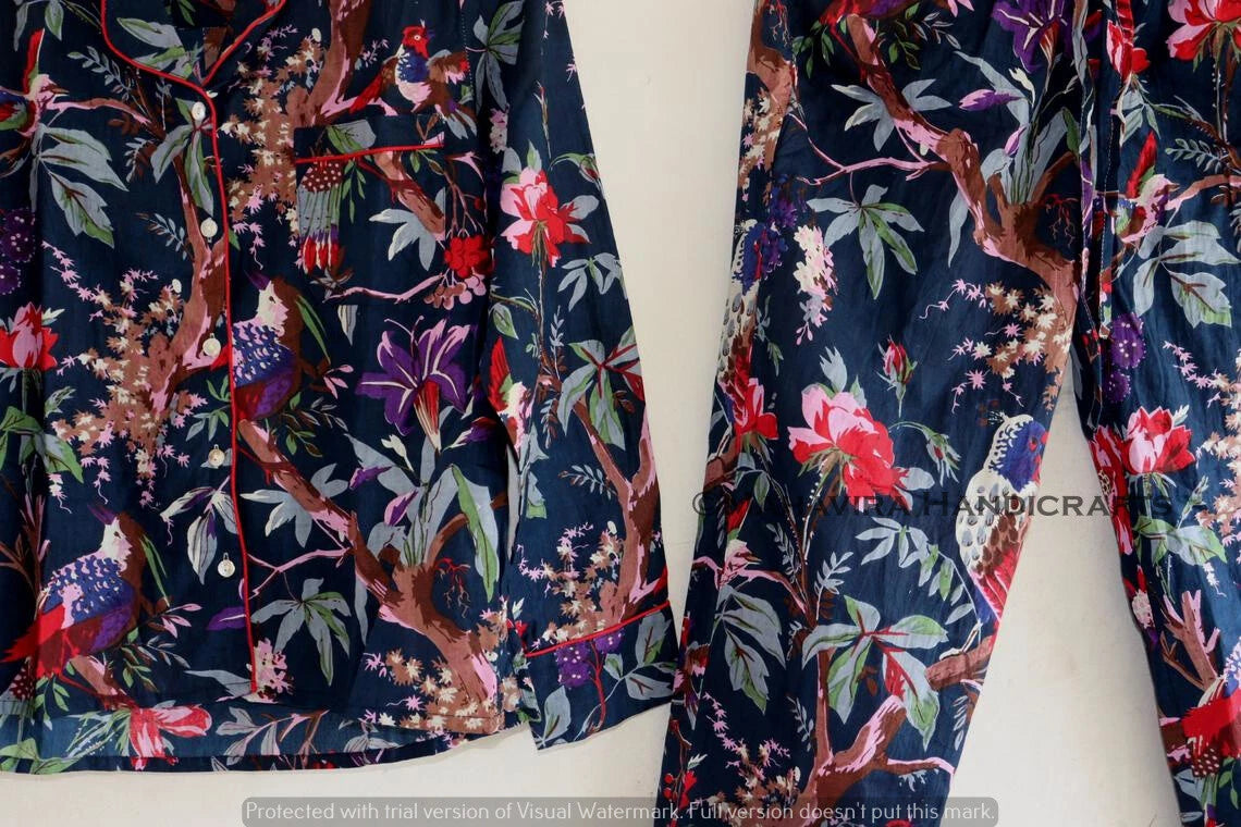 Indian Cotton Bird Print blue hippie Sleepwear gypsy Women Pajama set