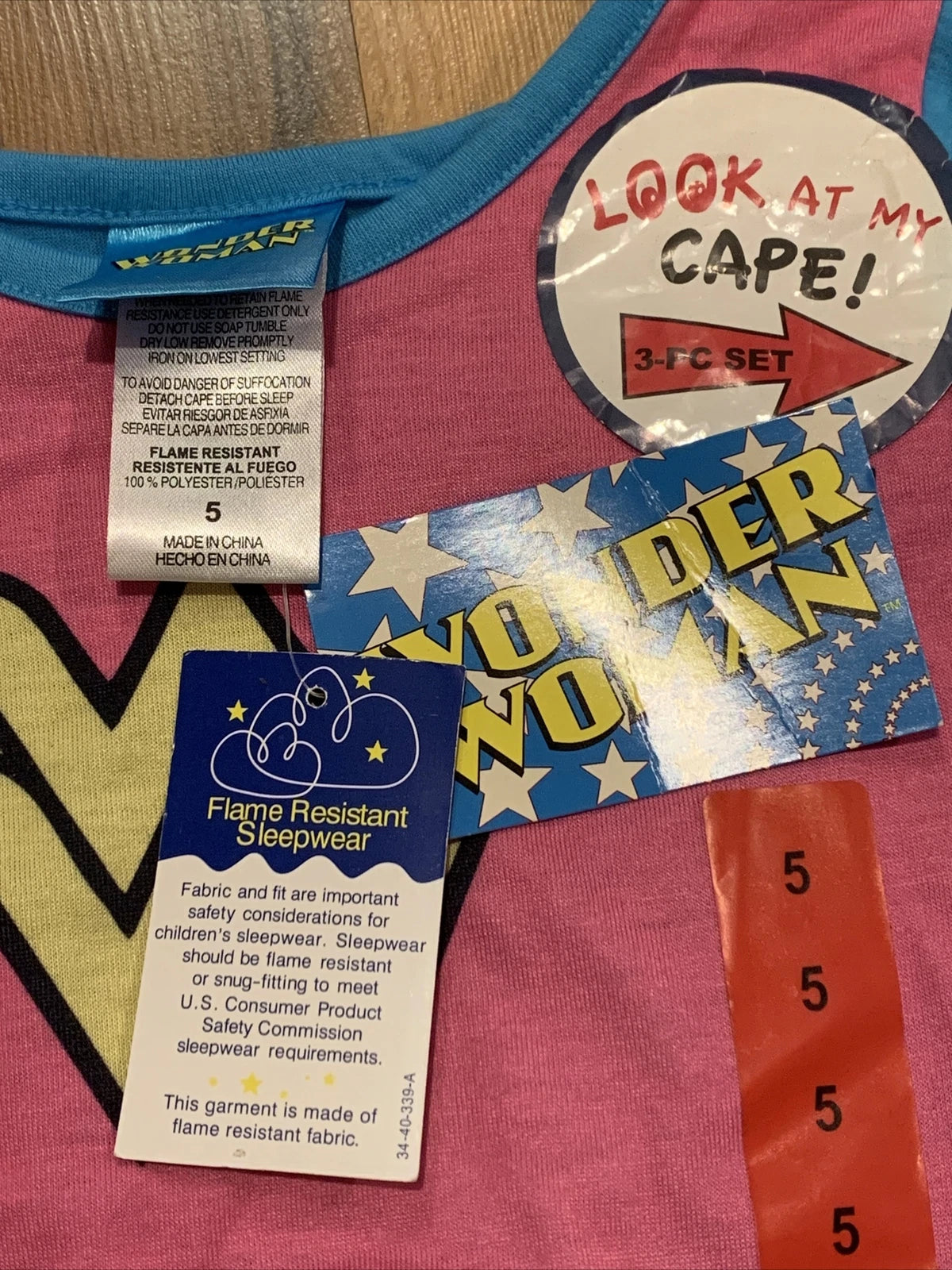 Wonder Woman (Sz 5) Kids Girls Character 3pc (Shirt, Pant, Cape) PJ Pajama Set
