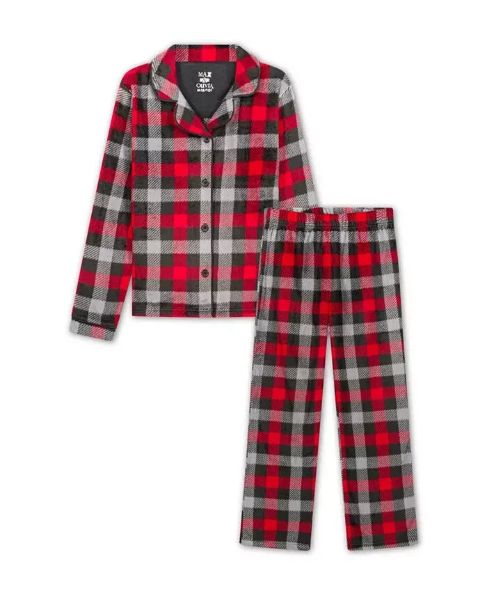 Max & Olivia Flannel Pajama Set Big Boys XL (16-18) Red Multi Plaid Button Front