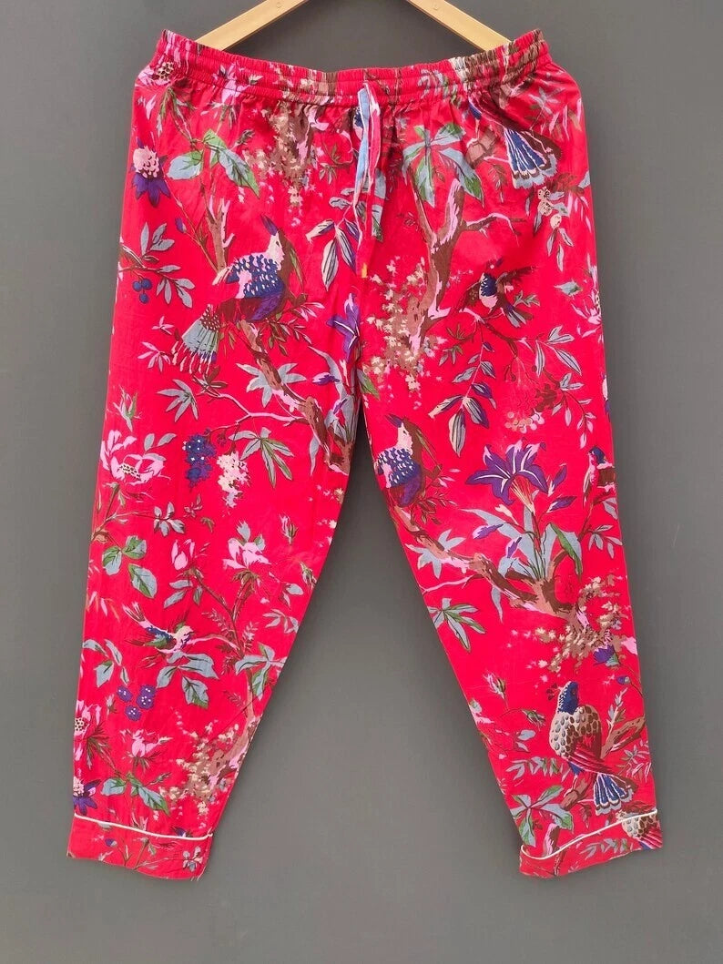 Indian Red Bird Print 100% Cotton Pajama Set Bridesmaid PJ Set Loose Clothing US