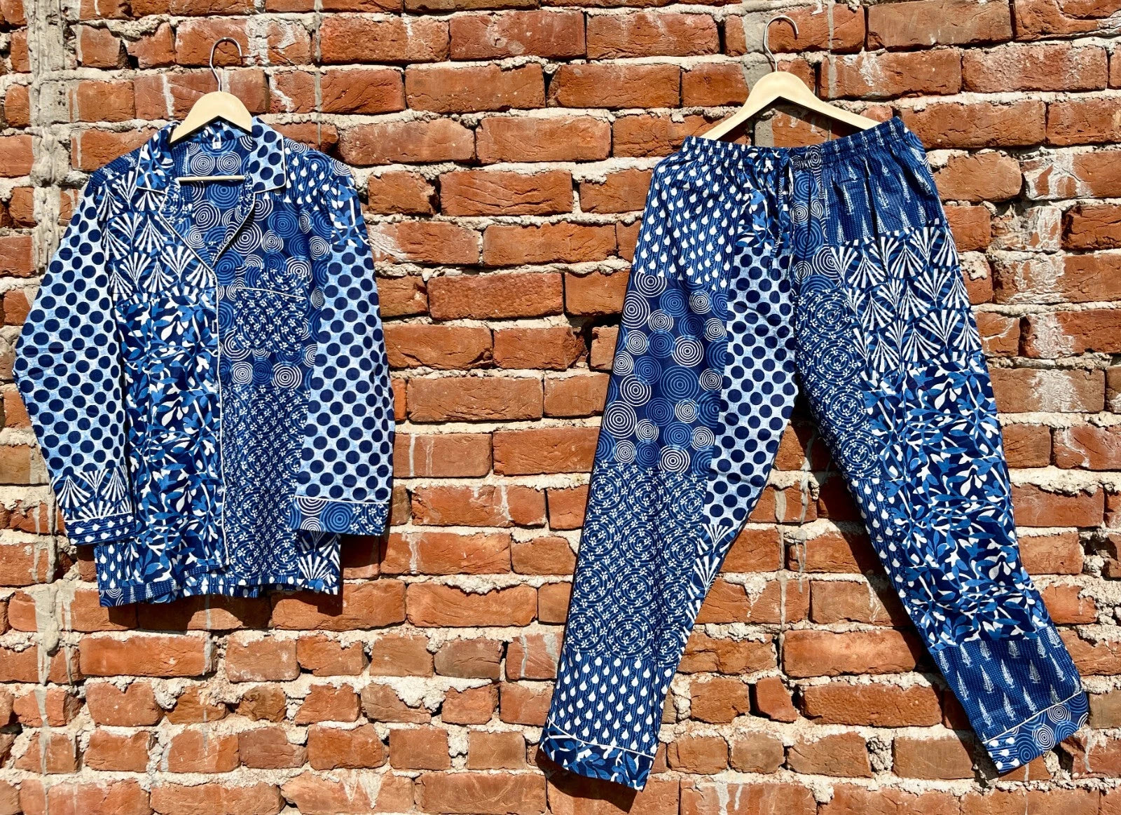 Indian Cotton Blue Patchwork PJ Set Bridesmaid Pajama Set Women Nightwear Suits