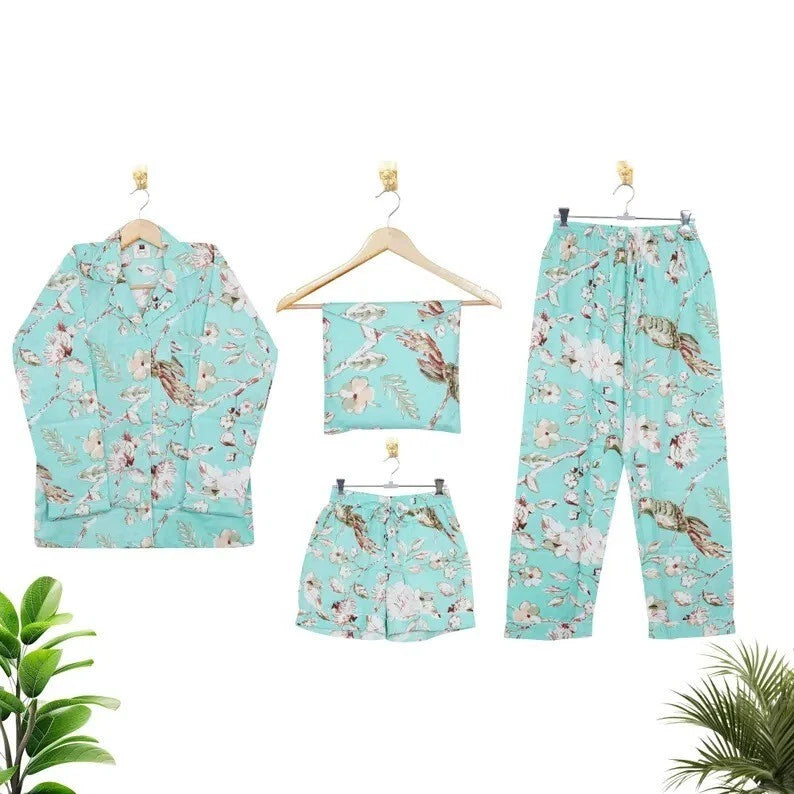 Indian Cotton Green Birds PJ Set Bridesmaid Pajama Set Women Nightwear Suits US