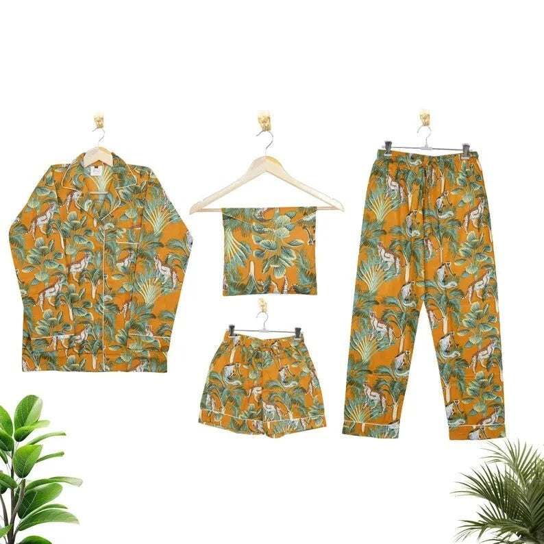 Indian Cotton Yellow Tree PJ Set Bridesmaid Pajama Set Women Nightwear Suits US