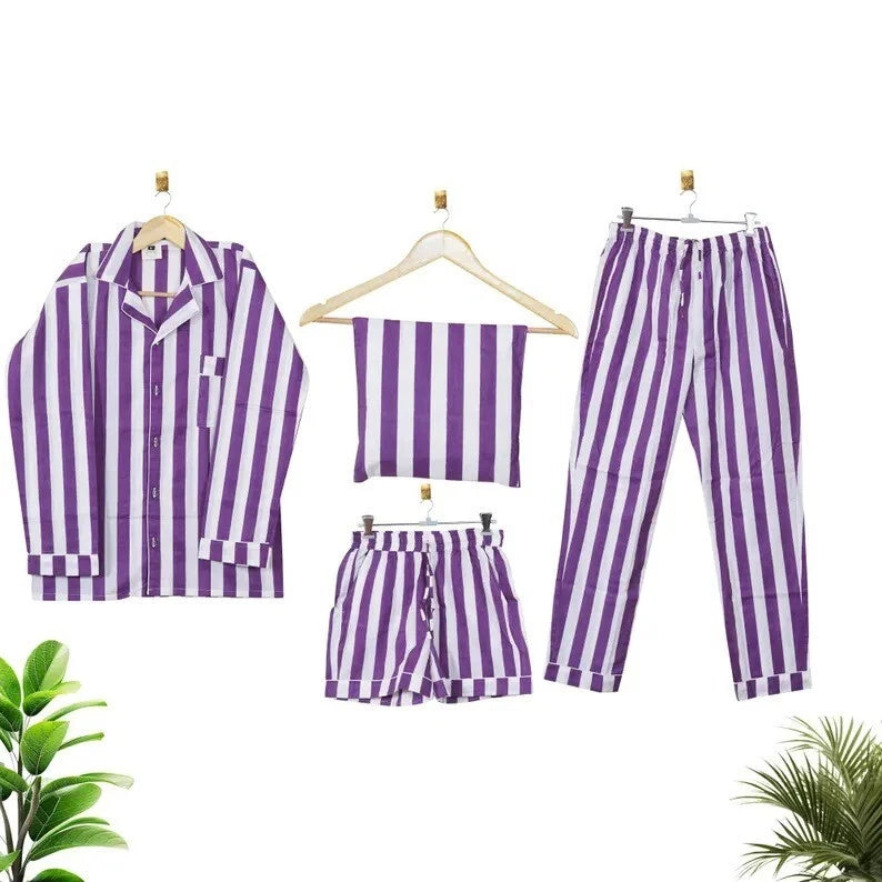 Cotton Striped Print Indian PJ Set Bridesmaid Pajama Set Women Nightwear Suit US