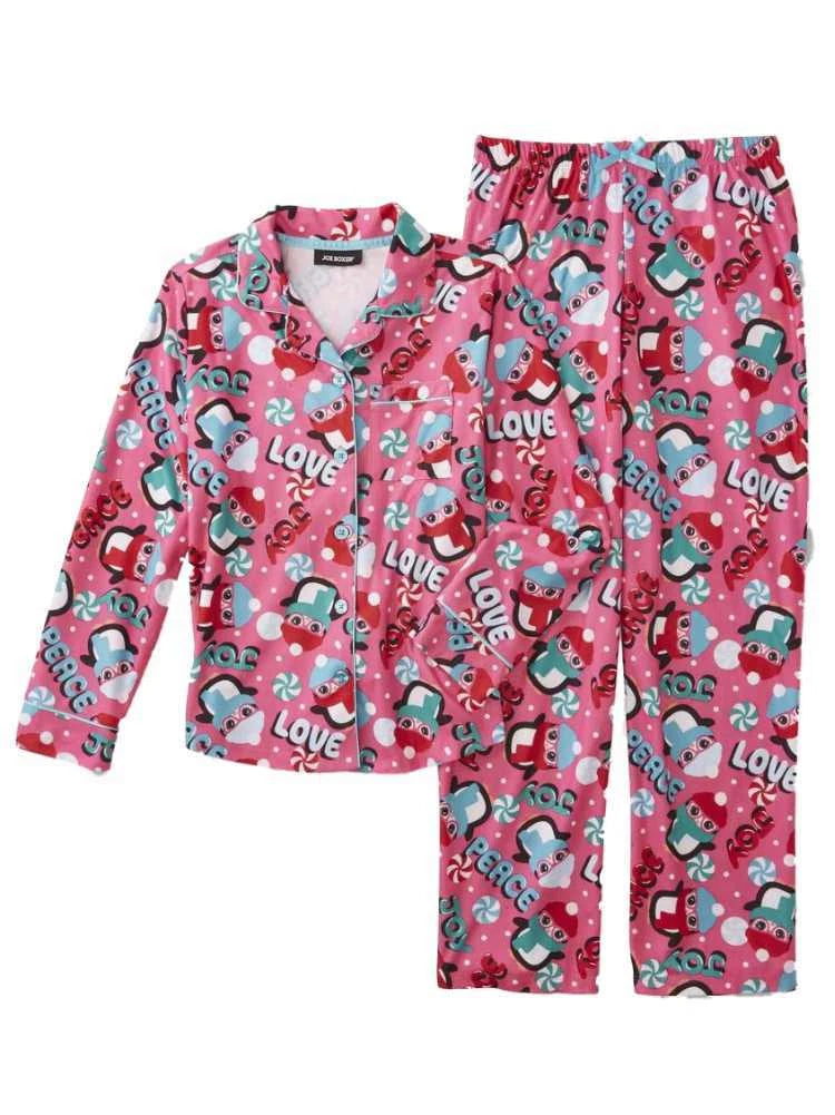 Girls Pink Flannel Penguin Christmas Pajamas Peace & Love Holiday Sleep Set