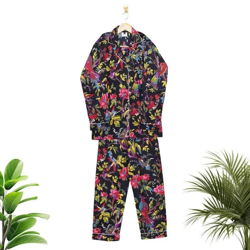 Indian Cotton Black Birds PJ Set Bridesmaid Pajama Set Women Nightwear Suits US