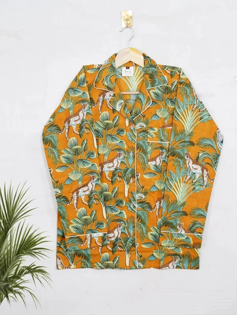 Indian Cotton Yellow Tree PJ Set Bridesmaid Pajama Set Women Nightwear Suits US