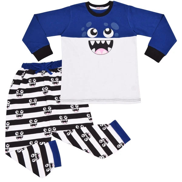 Girls Boys Cute Monster Royal Blue Pyjamas PJs 2 Piece Cotton Set Nightwear Yr