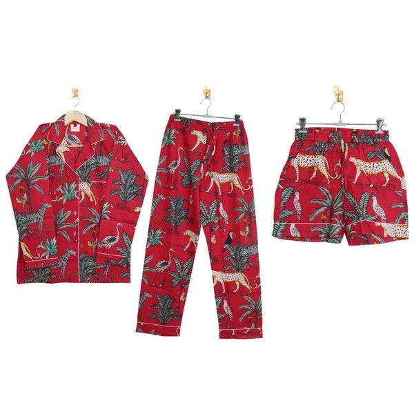 Indian Cotton Red Tiger PJ Set Bridesmaid Pajama Set Women Nightwear Suits US