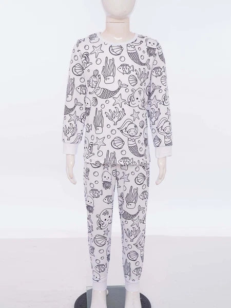 Kids Pajama Sets Hand-Painted Long Sleeve Top Elastic Waist Pants Home Sleepwear