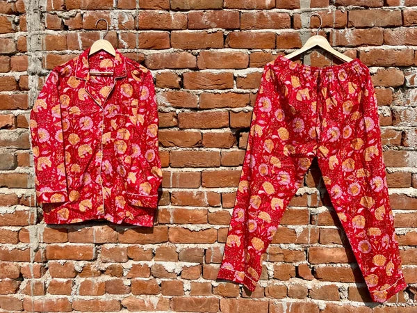 Indian Cotton Red Floral PJ Set Bridesmaid Pajama Set Women Nightwear Suit US