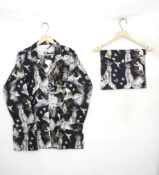 Indian Cotton Black Jungle Women Floral PJ Set Sleepwear Pajama Set Nightwear