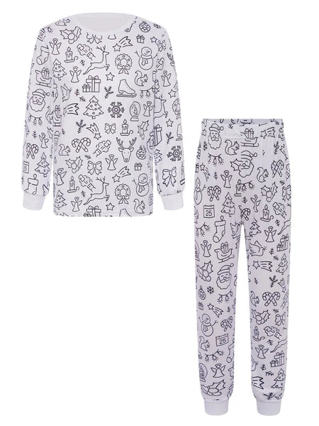 Kids Pajama Sets Hand-Painted Long Sleeve Top Elastic Waist Pants Home Sleepwear