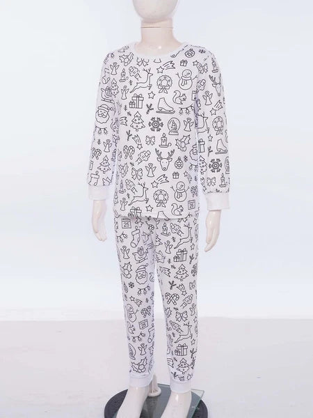 Kids Pajama Sets Hand-Painted Long Sleeve Top Elastic Waist Pants Home Sleepwear