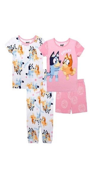Girl’s BLUEY 4- Piece " SMILE" Tops & Bottoms Pajama Set Size 6 NWT