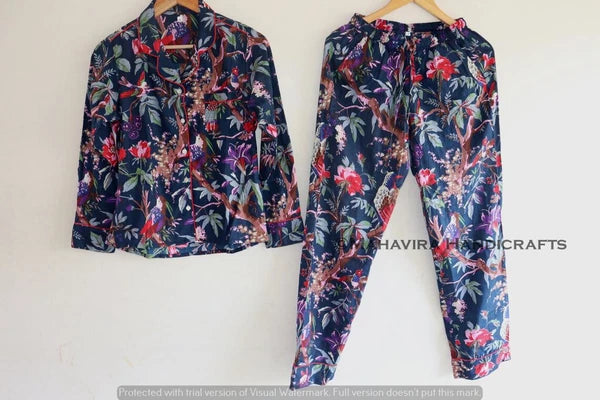 Indian Cotton Bird Print blue hippie Sleepwear gypsy Women Pajama set