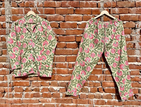 Indian Cotton Beige Floral PJ Set Bridesmaid Pajama Set Women Nightwear Suit US