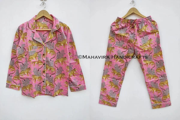 Indian Cotton Baagh Print Baby pink hippie Sleepwear gypsy Women Pajama set