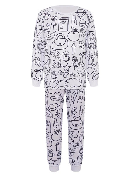 Kids Pajama Sets Hand-Painted Long Sleeve Top Elastic Waist Pants Home Sleepwear