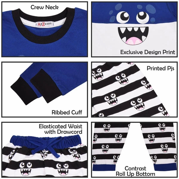 Girls Boys Cute Monster Royal Blue Pyjamas PJs 2 Piece Cotton Set Nightwear Yr