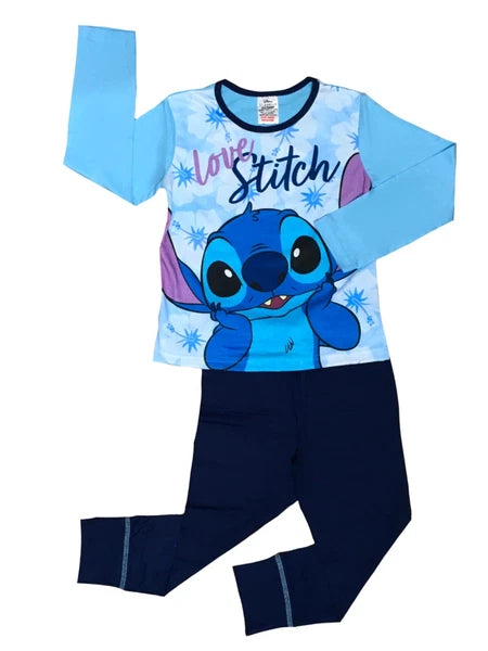 Girls Lilo & Stitch Pyjamas PJs 4-13 Years Purple Grey Pink Long Sleeved Trouser