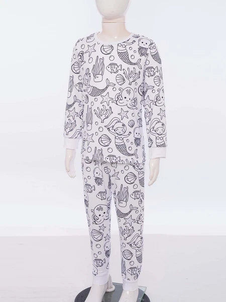 Kids Pajama Sets Hand-Painted Long Sleeve Top Elastic Waist Pants Home Sleepwear