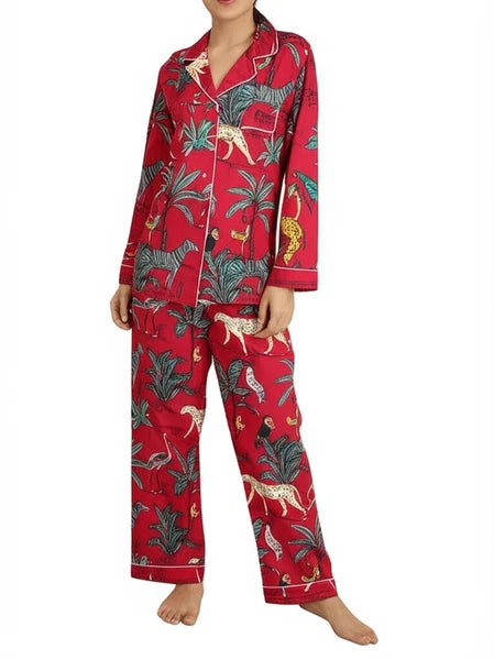 Indian Cotton Red Tiger PJ Set Bridesmaid Pajama Set Women Nightwear Suits US