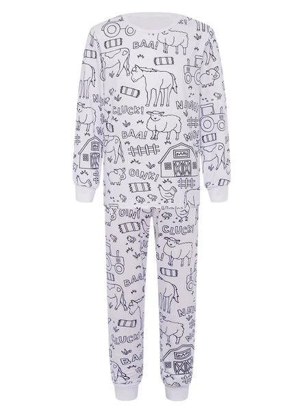 Kids Pajama Sets Hand-Painted Long Sleeve Top Elastic Waist Pants Home Sleepwear