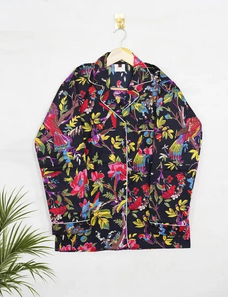 Indian Cotton Black Birds PJ Set Bridesmaid Pajama Set Women Nightwear Suits US