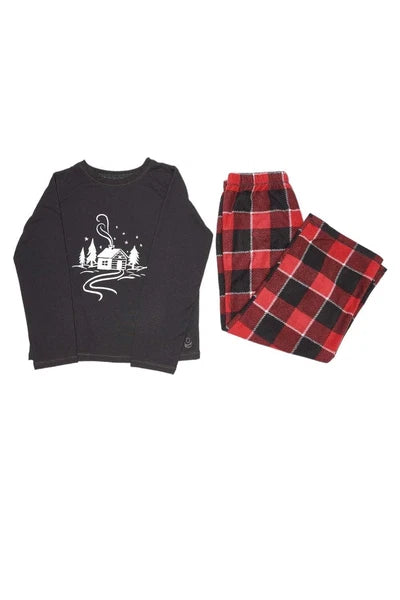 Cuddl Duds Jersey & Microfleece Kid's Pajama Set Black/Red Plaid