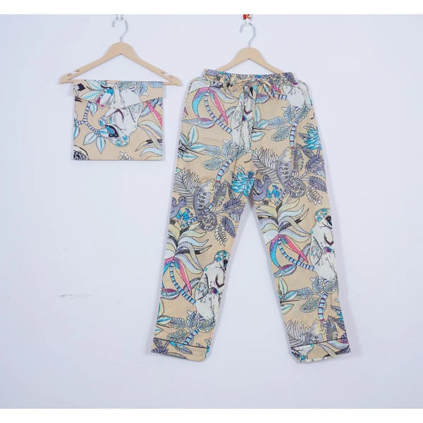 Indian Cotton Pajama Set Hand Block Monkey Print Women Yoga Wear Dress ITW-54