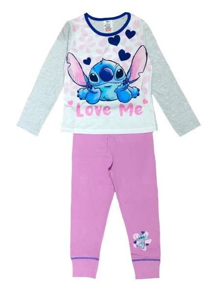 Girls Lilo & Stitch Pyjamas PJs 4-13 Years Purple Grey Pink Long Sleeved Trouser