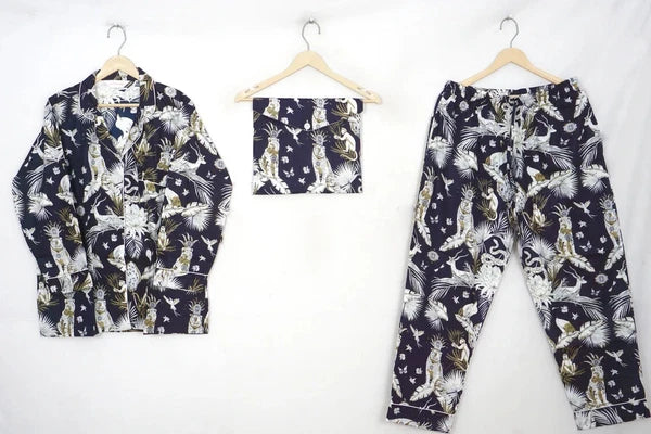 Indian Cotton Black Jungle Women Floral PJ Set Sleepwear Pajama Set Nightwear