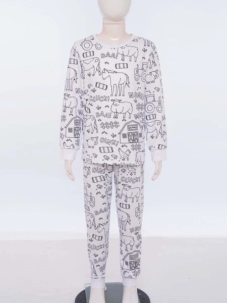 Kids Pajama Sets Hand-Painted Long Sleeve Top Elastic Waist Pants Home Sleepwear